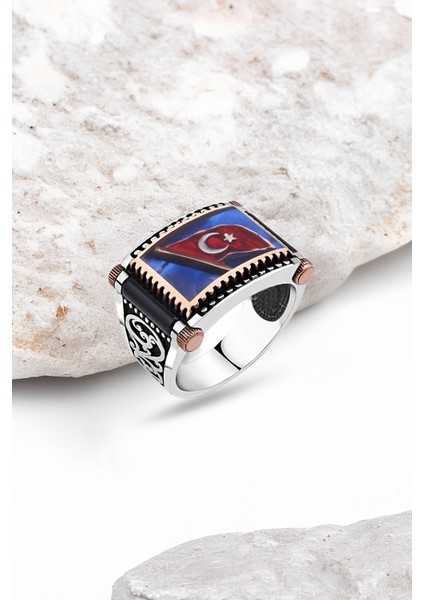 Lacivert Mine Üzeri Bayrak Gümüş Erkek Yüzük
