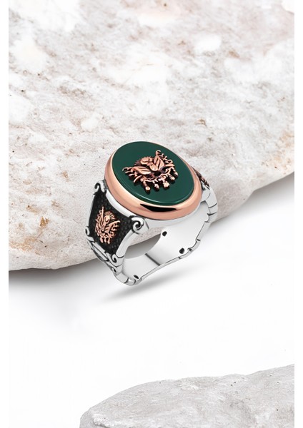 Yeşil Akik Üzeri Osmanlı Devlet Armalı Gümüş Erkek Yüzük