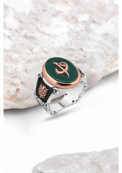 Yeşil Akik Taş Üzeri Elif-Vav Gümüş Erkek Yüzük