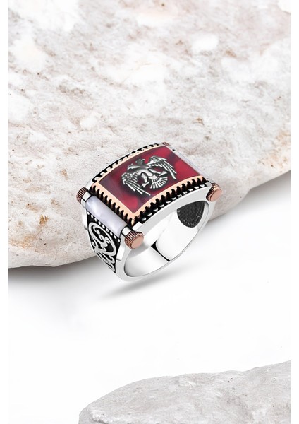 Kırmızı Mine Üzeri Çift Başlı Selçuklu Kartalı Yanları Sedef Gümüş Erkek Yüzük