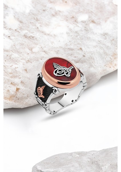 Mineli Tuğralı Gümüş Erkek Yüzük