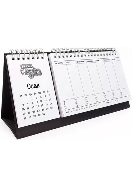 Haftalık Planlayıcı 2026 Masa Takvimi - Vintage Arabalar