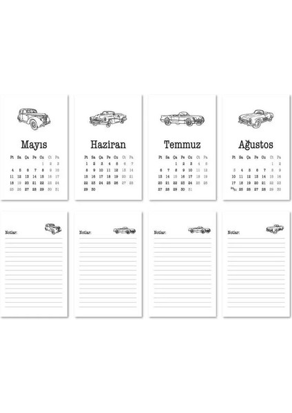 Haftalık Planlayıcı 2026 Masa Takvimi - Vintage Arabalar modelleri