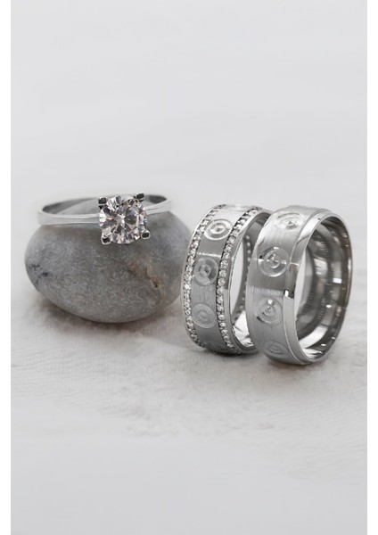 Puantiyeli Rodyumlu Çift Gümüş Alyans (Tektaş Hediyeli)