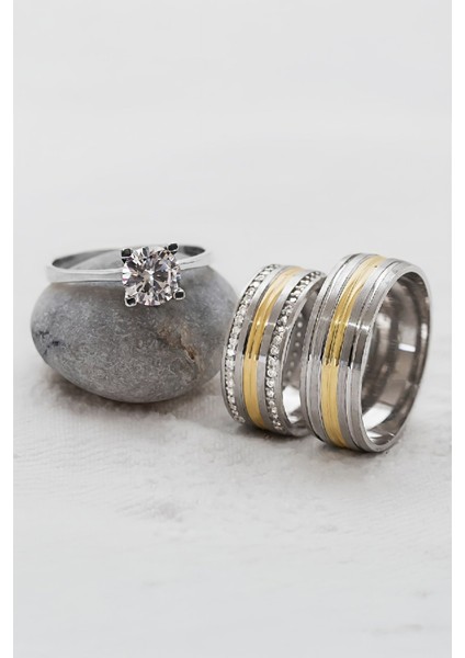 Altın Renk Şerit Geçişli Çift Gümüş Alyans (Tektaş Hediyeli)