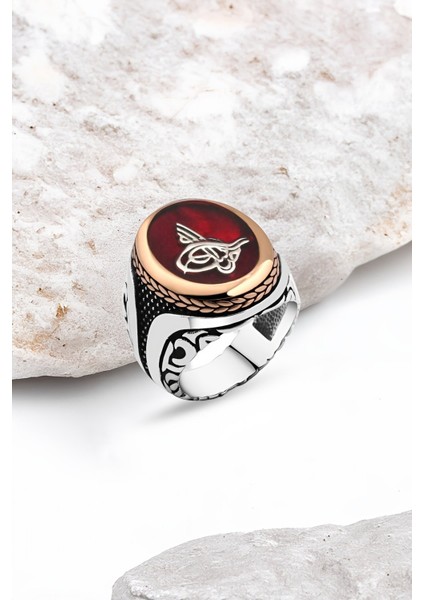 Kırmızı Mineli Tuğralı Gümüş Erkek Yüzük