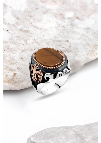 Kaplan Gözü Taşlı Selçuklu Kartalı Gümüş Erkek Yüzük