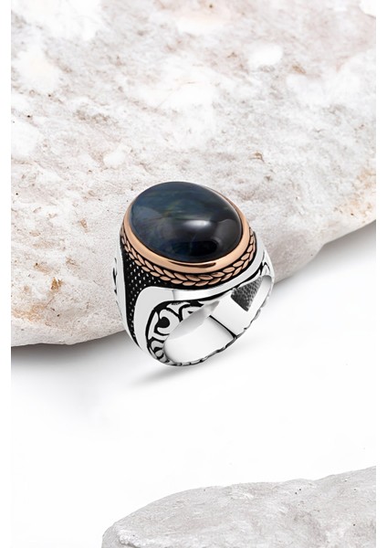 Mavi Kaplan Gözü Taşlı Gümüş Erkek Yüzük