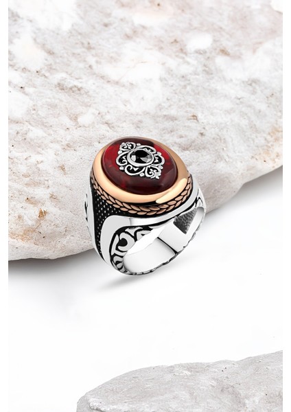 Sentetik Kehribar Motifli Gümüş Erkek Yüzük