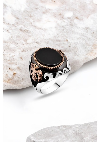 Onix Taşlı Selçuklu Kartalı Gümüş Erkek Yüzük