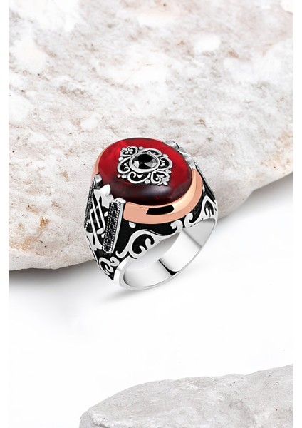 Sentetik Kehribar Motifli Gümüş Erkek Yüzük