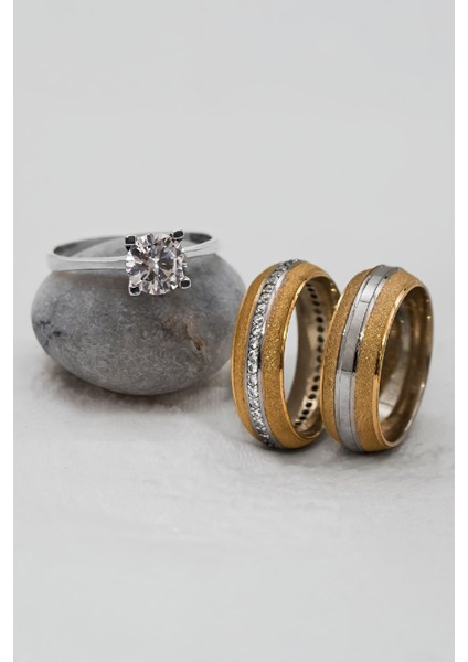 Kenarları Altın Renk Tırtıklı Çift Gümüş Alyans (Tektaş Hediyeli)