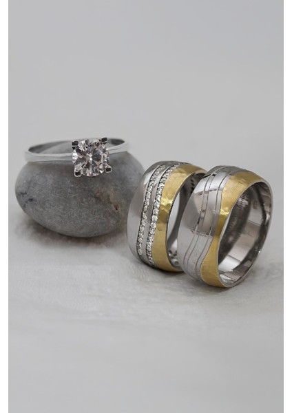 Su Yolu Motifli Altın Renk Geçişli Çift Gümüş Alyans (Tektaş Hediyeli)