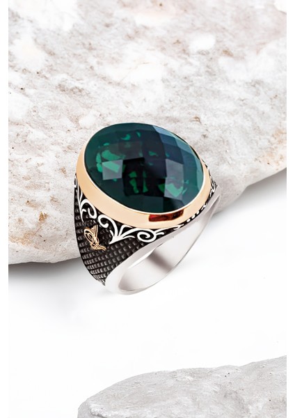 ​Gümüş Özel Kesim Fasetli Zirkon Taşlı Tuğralı Erkek Yüzük