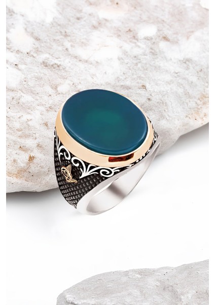 Gümüş Özel Kesim Yeşil Akik Taşlı Tuğralı İşlemeli Erkek Yüzük