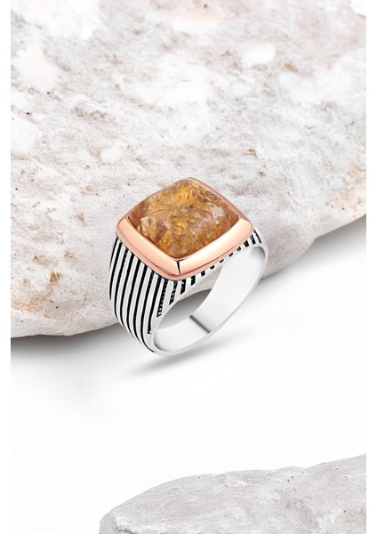 Sentetik Kehribar Gümüş Erkek Yüzük