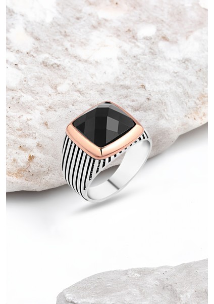 Kesme Siyah Zirkon Taşlı Gümüş Erkek Yüzük