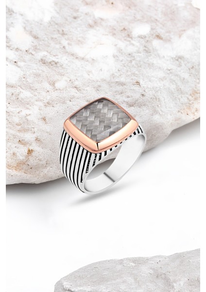 Karbon Üstü Mineli Gümüş Erkek Yüzük