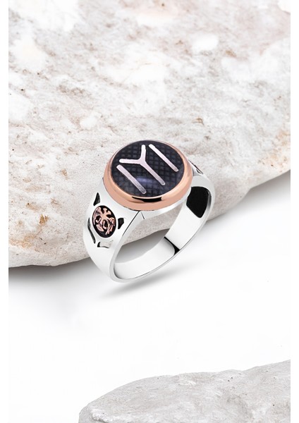 Siyah Mineli Kayı Boyu Gümüş Erkek Yüzük