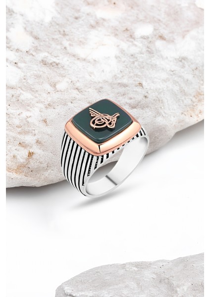 Yeşil Akik Taş Üzeri Tuğralı Gümüş Erkek Yüzük
