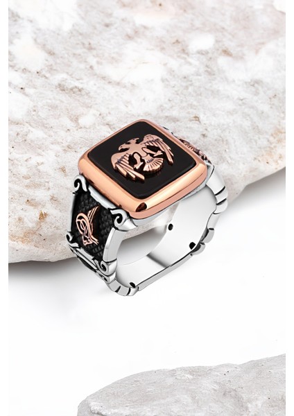 Onix Taş Üzeri Çift Başlı Kartal Gümüş Erkek Yüzük