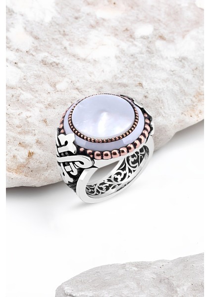 Düz Sedef Taşlı Kenarı Çember Taşlı Gümüş Erkek Yüzük