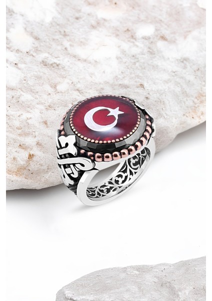 Mineli Türk Bayrağı Kenarı Çember Taşlı Gümüş Erkek Yüzük