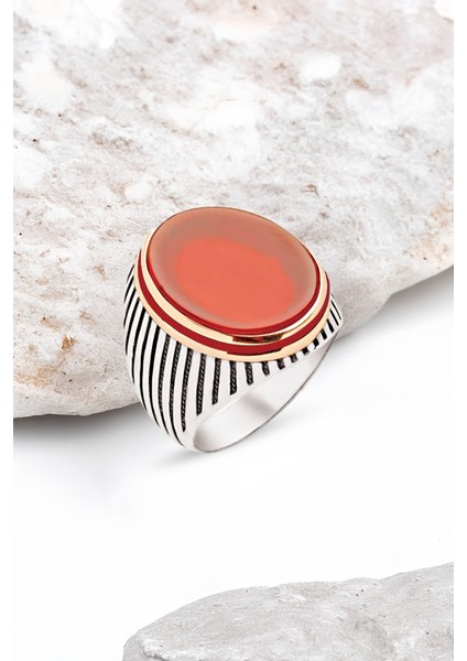 Gümüş Akik Taşlı Yanları Mine Süslemeli Çizgili Kasa Erkek Yüzük