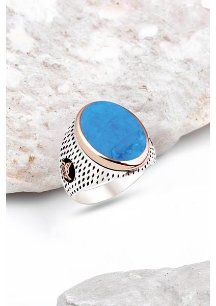Gümüş Turkuaz Taşlı Nokta Kasalı Erkek Yüzük