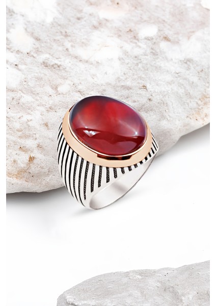 Gümüş Akik Kapşon Taşlı Çizgili Kasa Erkek Yüzük