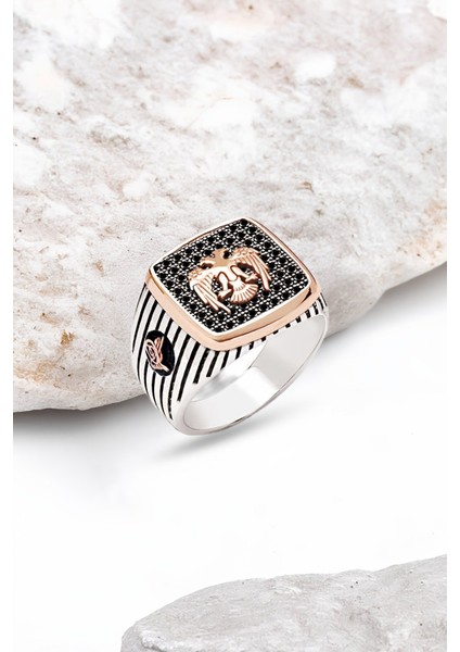 Gümüş Siyah Zirkon Taş Üzeri Selçuklu Kartalı Erkek Yüzük