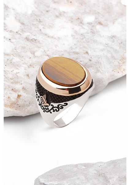 Gümüş Oval Kesim Kaplan Gözü Taşlı Yanları Tuğralı Erkek Yüzük