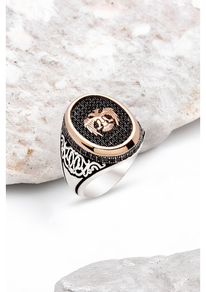 Gümüş Siyah Zirkon Taş Üzeri Selçuklu Kartalı İşlemeli Erkek Yüzük