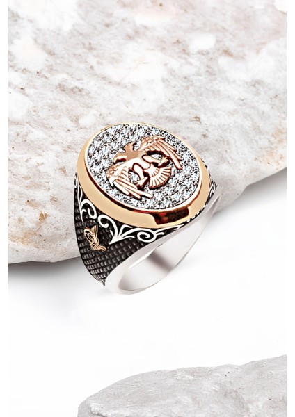 Gümüş Beyaz Zirkon Taş Üzeri Selçuklu Kartalı Erkek Yüzük