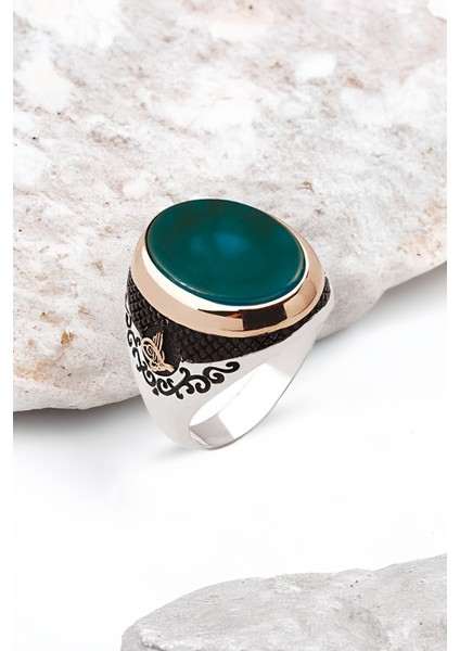 Gümüş Oval Kesim Yeşil Akik Taşlı Yanları Tuğralı Erkek Yüzük