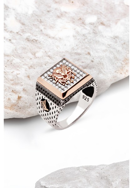 Gümüş Beyaz Zirkon Taşlı Osmanlı Arması Kare Erkek Yüzük