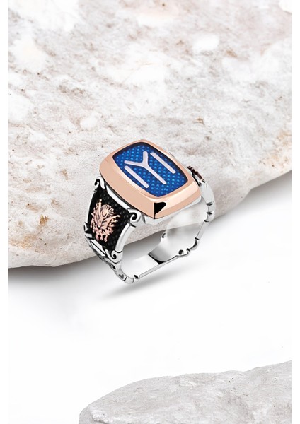 Mavi Mine Üstü Kayı Bayrağı Gümüş Erkek Yüzük