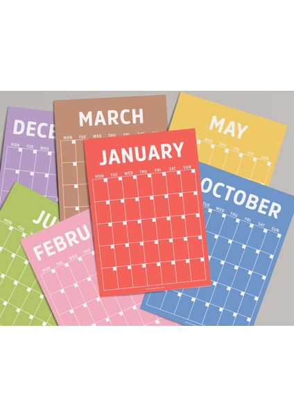 Sürekli Zamansız Takvim, 12 Aylık Tarihsiz Takvim, Aylık Planlayıcı Takvim, 33 x 48 Cm, A4, Rengarenk Gökkuşağı Renkleri, Undated Monthly Wall Planner, Wall Calendar, Perpetual Calendar modelleri