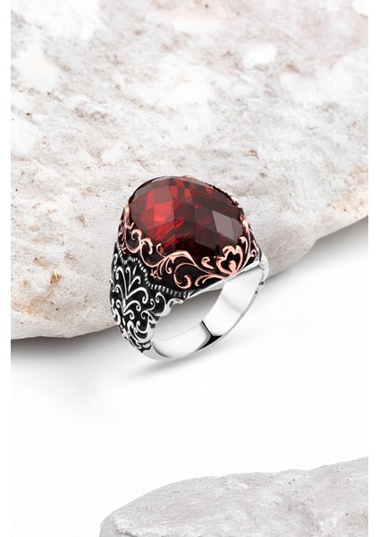 Kırmızı Zirkon Taşlı Gümüş Erkek Yüzük