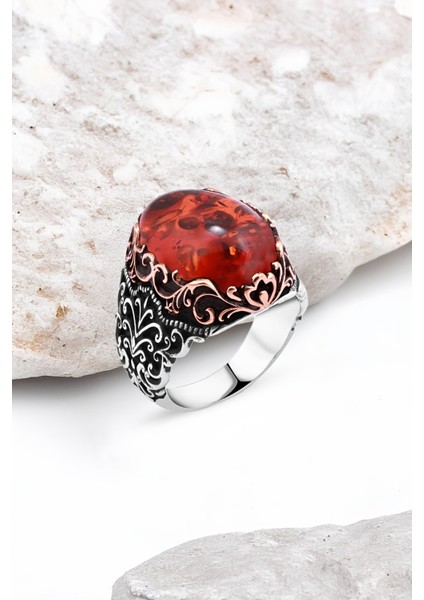 Sentetik Kehribarlı Gümüş Erkek Yüzük