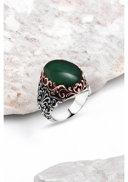 Yeşil Akik Taşlı Gümüş Erkek Yüzük