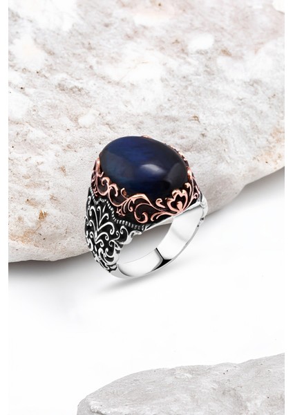 Mavi Kaplan Gözü Gümüş Erkek Yüzük