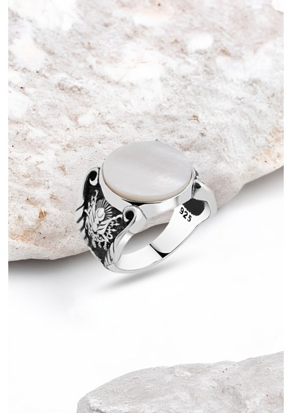 Düz Sedef Taşlı Gümüş Erkek Yüzük