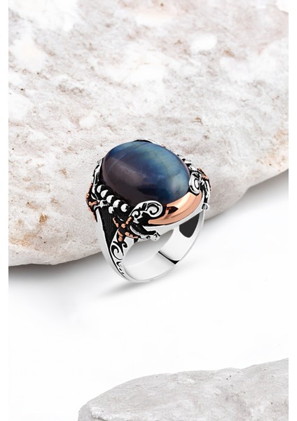 Mavi Kaplan Gözü Taşlı Yanları Kılıçlı Gümüş Erkek Yüzük
