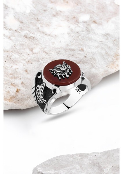 Akik Taşlı Üzeri Osmanlı Devlet Armalı Gümüş Erkek Yüzük