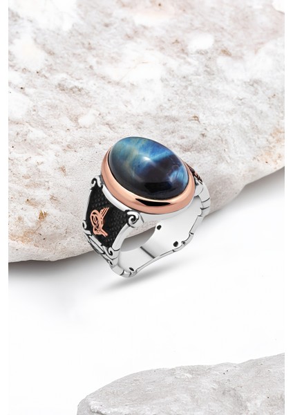 Kapşon Kaplan Gözü Taşlı Gümüş Erkek Yüzük