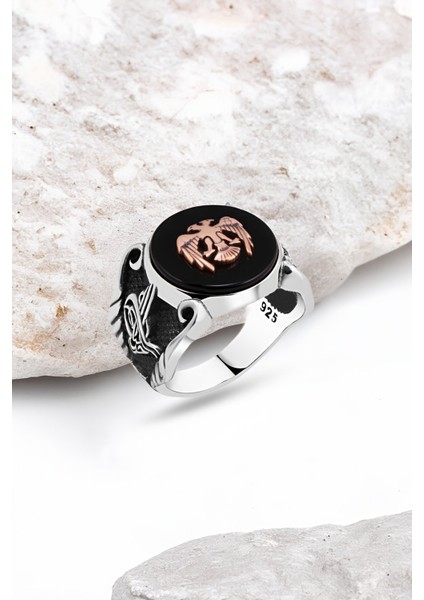 Onix Taş Üzeri Selçuklu Kartallı Gümüş Erkek Yüzük