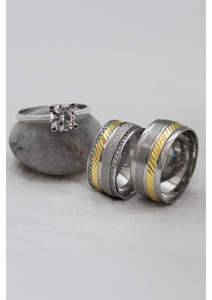 Brose Desenli Altın Renk Geçişli Çift Gümüş Alyans (Tektaş Hediyeli)