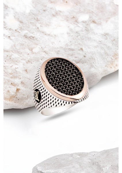 Gümüş Zirkon Taşlı Osmanlı Tuğralı Erkek Yüzük