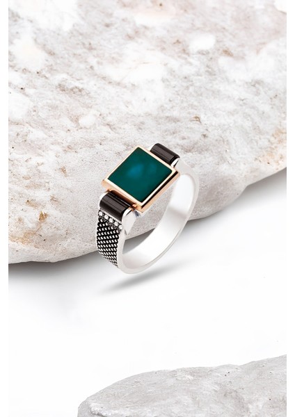 Gümüş Yeşil Akik Taşlı Yanları Zirkon Taşlı Erkek Yüzük